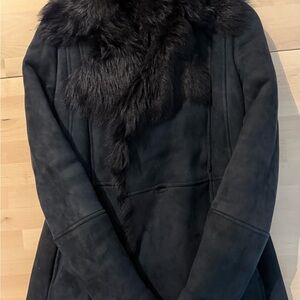 LK Bennett Blue Teddy Jacket with Elegant Fur Trim